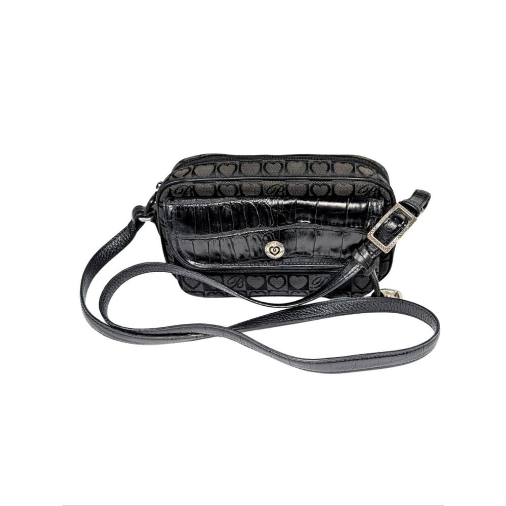 Brighton Signature Black Canvas Croc Leather Zip Wallet Travel Crossbody
